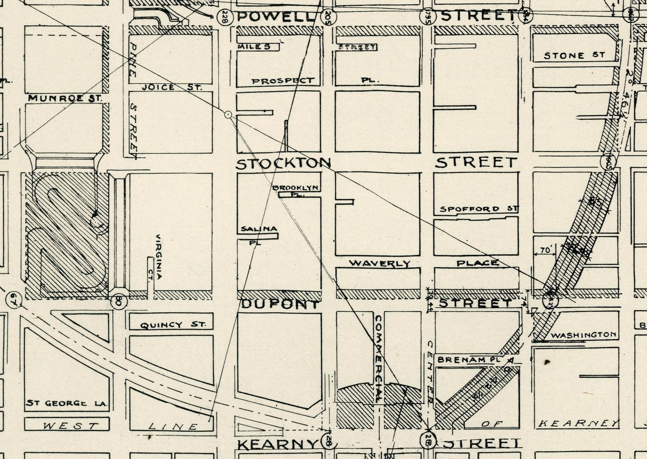 Close up of proposed street widening changes. From Plan of proposed street changes in the burned district and other sections (1906), David Rumsey Map Collection.