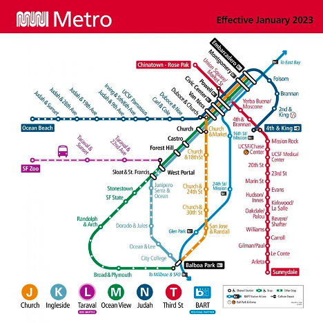 Modern map of the San Francisco metro, with the &lsquo;Chinatown - Rose Pak&rsquo; stop at the north end of the red line.