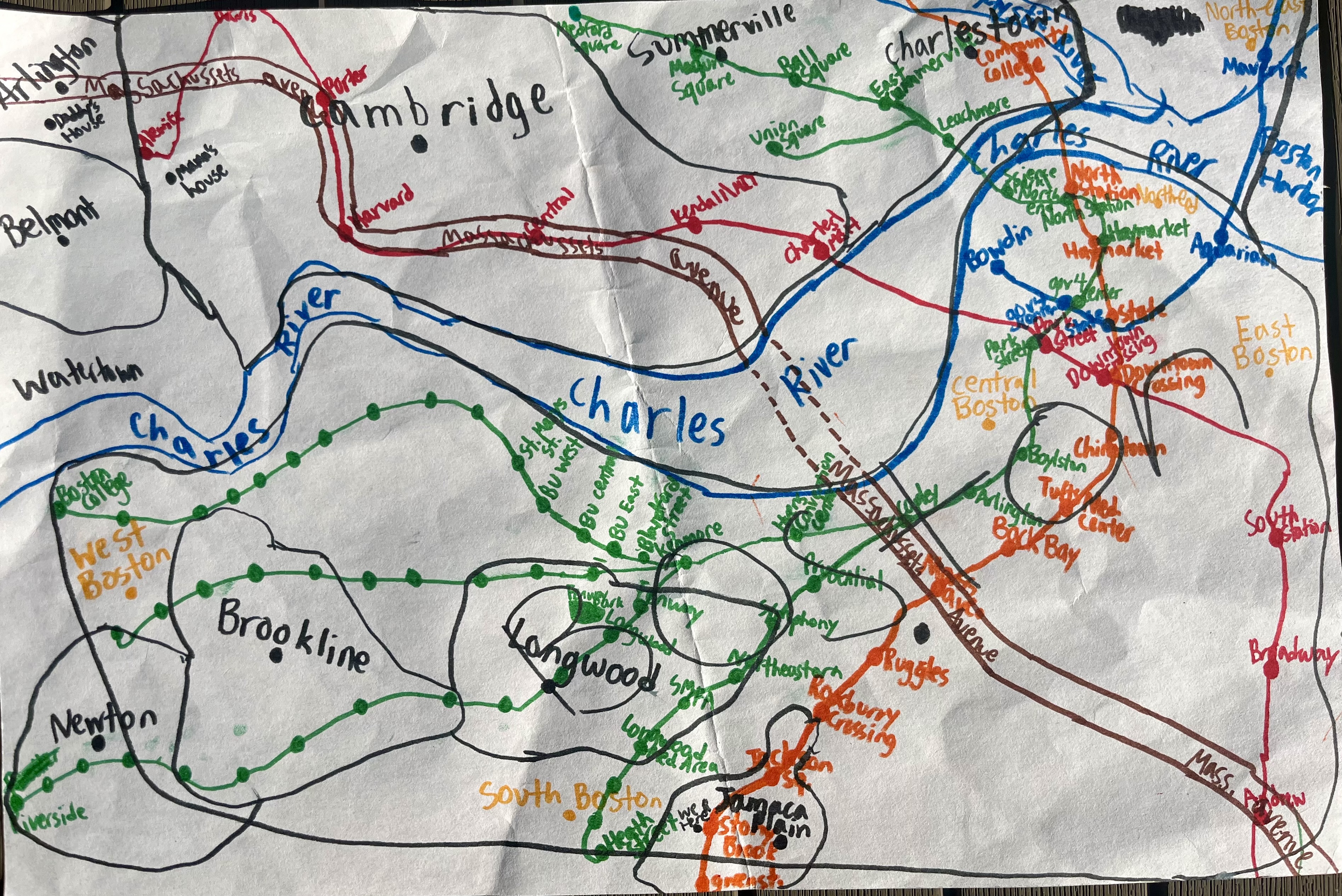 Alessandro's map, drawn from memory, of the MBTA.