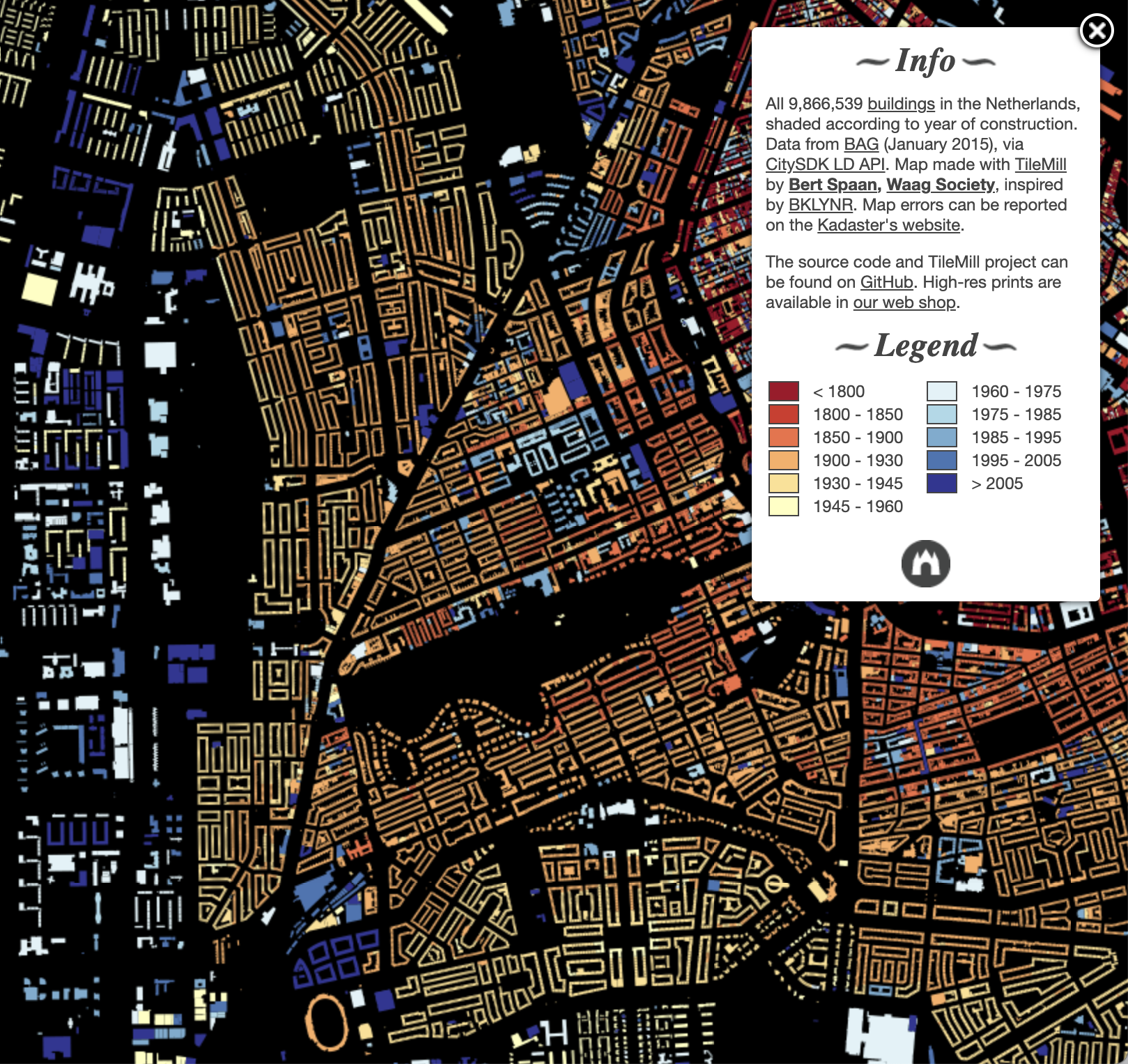 Map of all buildings in the Netherlands, colored by building age