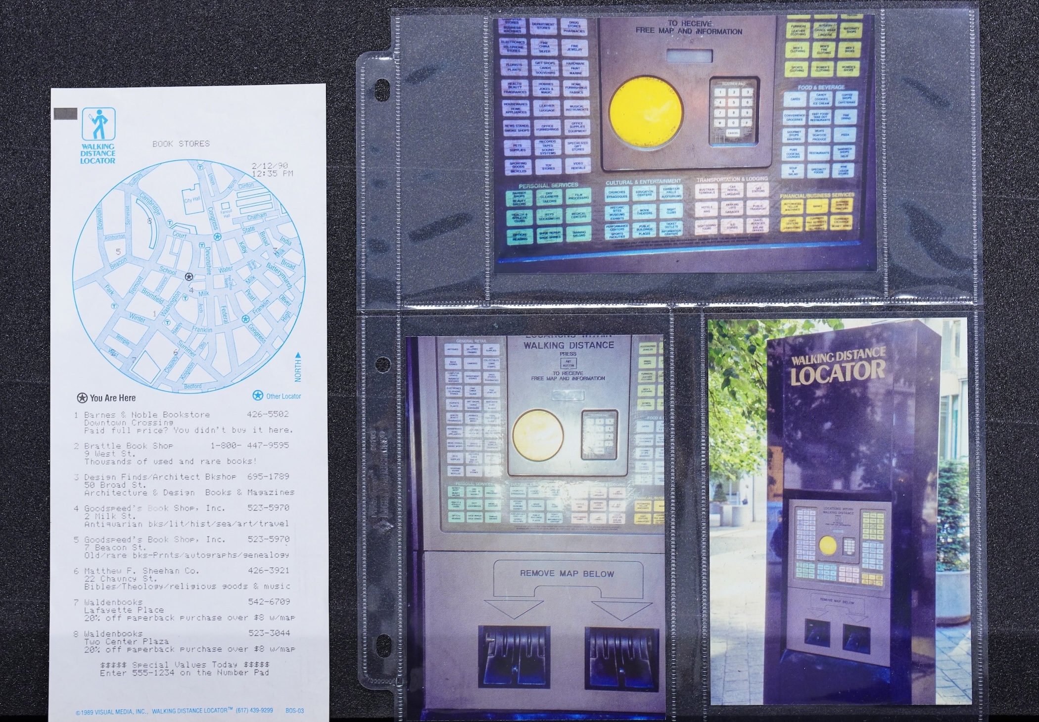 A printout from the Walking Distance Locator kiosk, alongside photos of the kiosk installed in the park at the corner of Washington and School Streets..
