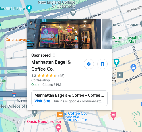 A targeted Google Maps advertisement for a bagel &amp; coffee shop in the Back Bay, based on LMEC staff&rsquo;s location at the nearby Central Library (and, presumably, the likelihood that this ad will appeal to them).