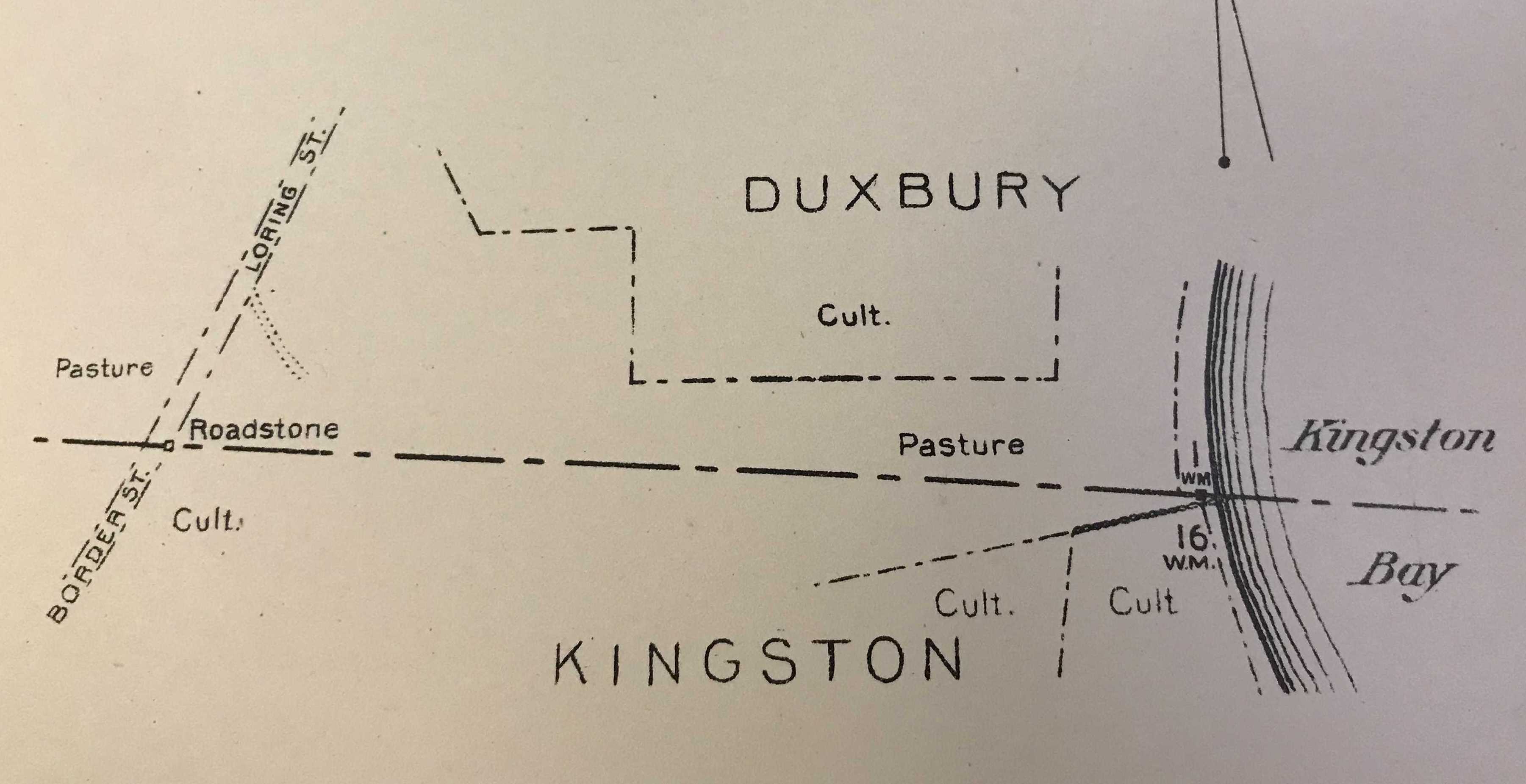 Town boundary between Kingston and Duxbury, along the Jones River