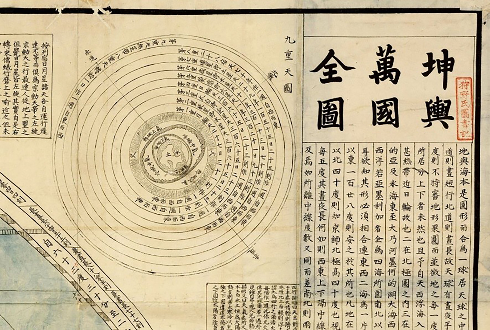 Detail of title and diagram of the nine celestial spheres, <br><i>Konyo Bankoku Zenzu</i>, Tōhoku University Library