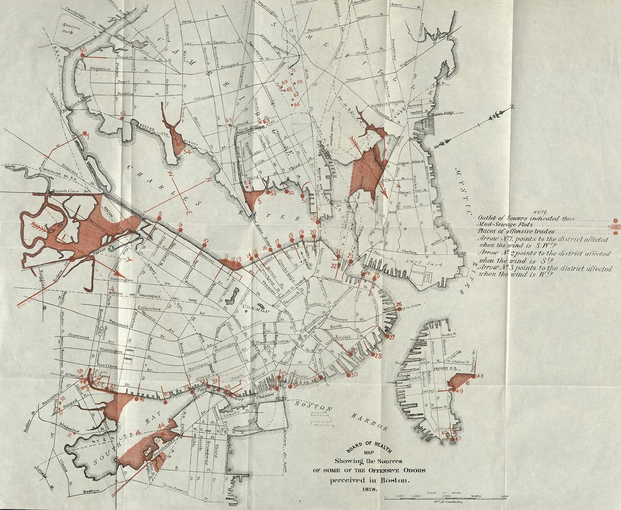 An 1878 map of &ldquo;offensive odors&rdquo; (from the City of Boston Archives)