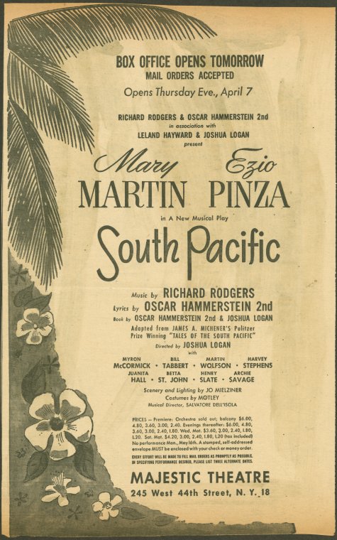 Detail from the printed program for the musical South Pacific, Courtesy of the New York Public Library digital collections.