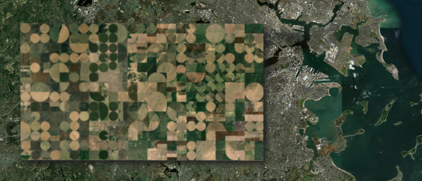 Center-pivot irrigation fields near Liberal, Kansas stretched out over Boston&rsquo;s suburbs