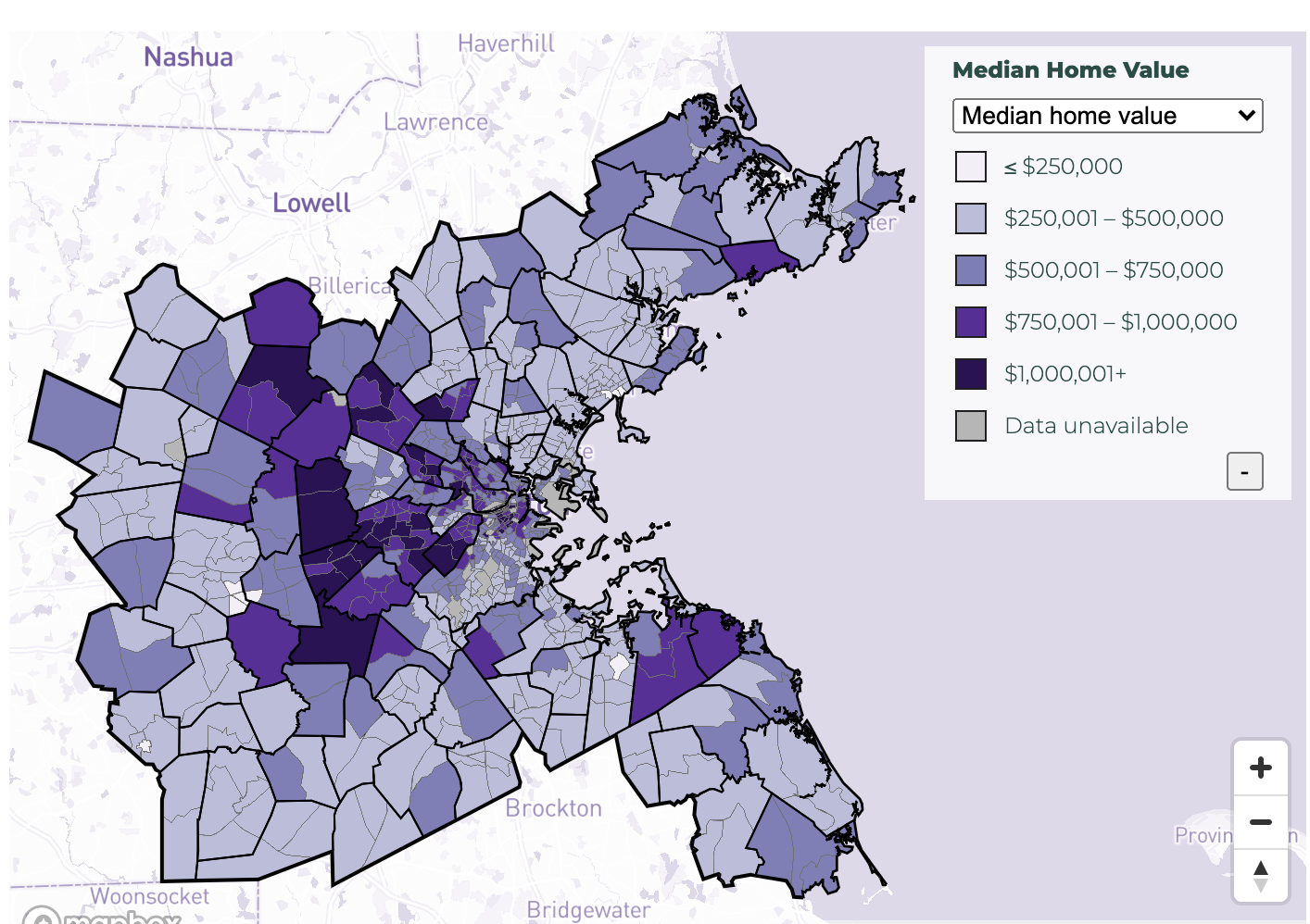 "Exploring the Housing Markets in Greater Boston" data visualization from the Metropolitan Area Planning Council (MAPC)'s DataCommon