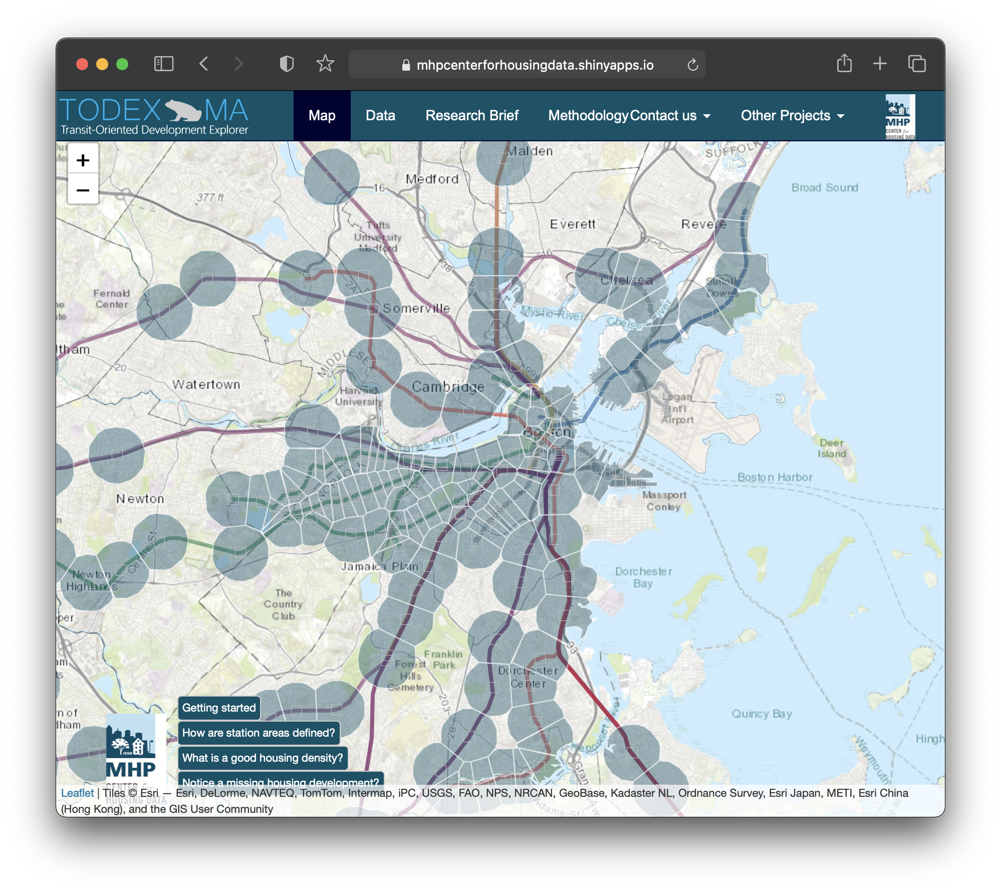The TODEX map allows you to explore residential density along MBTA transit lines.
