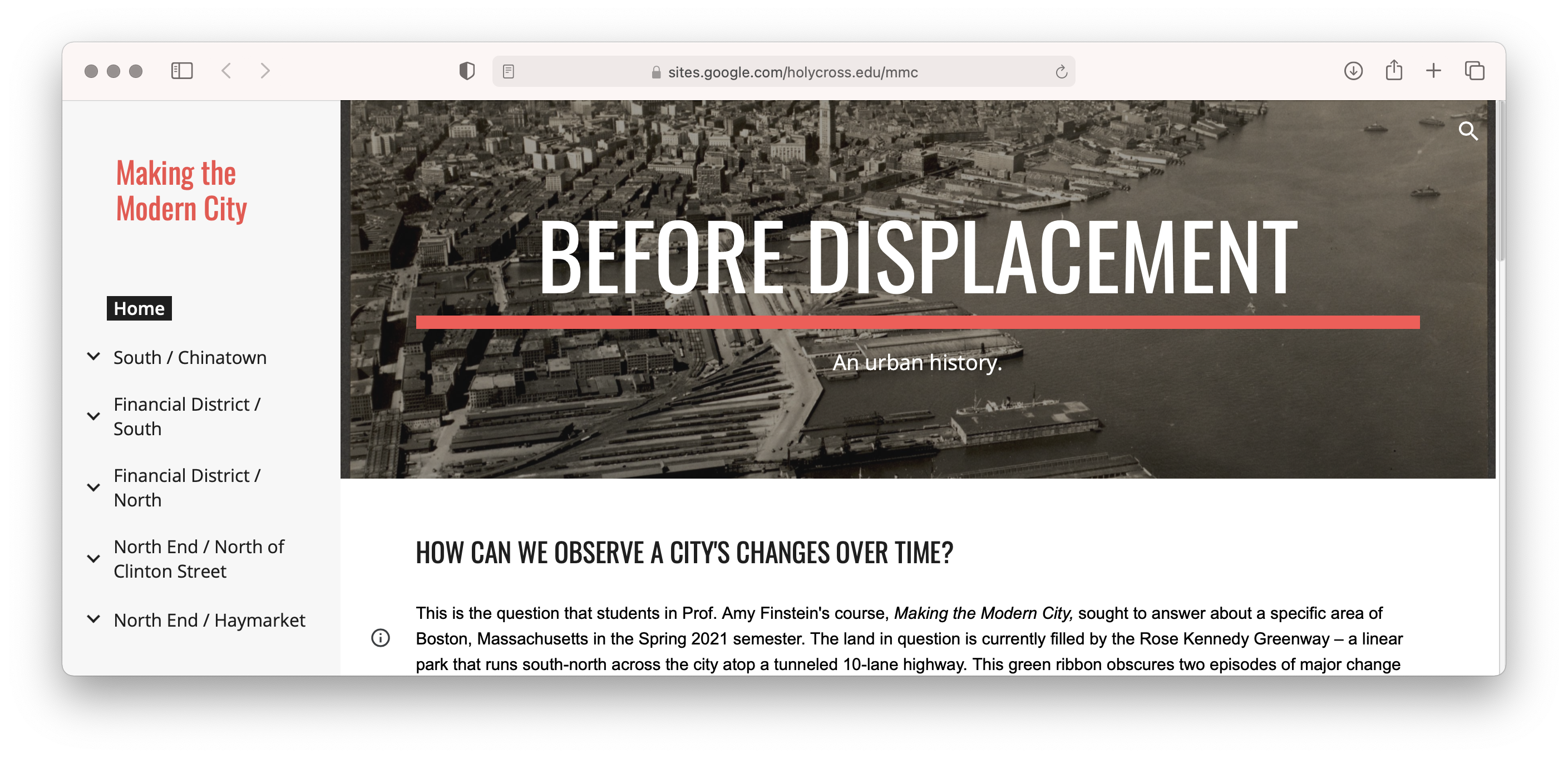 Screenshot of the Before Displacement website showing introductory text and navigation