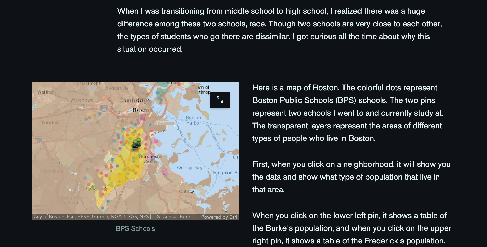 Screenshot of Maptivist student project showing a map of BPS schools and information about racial composition of schools