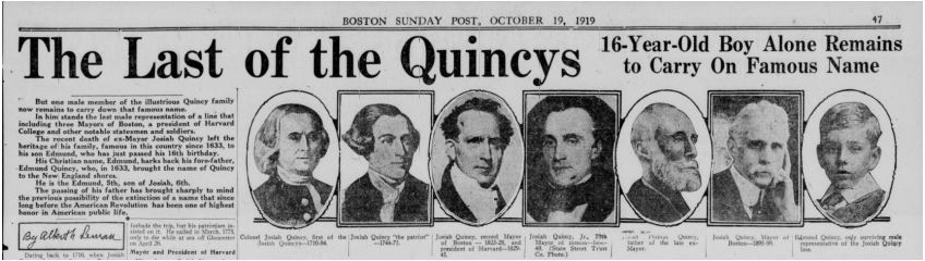 Alberth Leman, &ldquo;The Last of the Quincys&rdquo; Boston Sunday Post (Oct. 19, 1919): 47.
