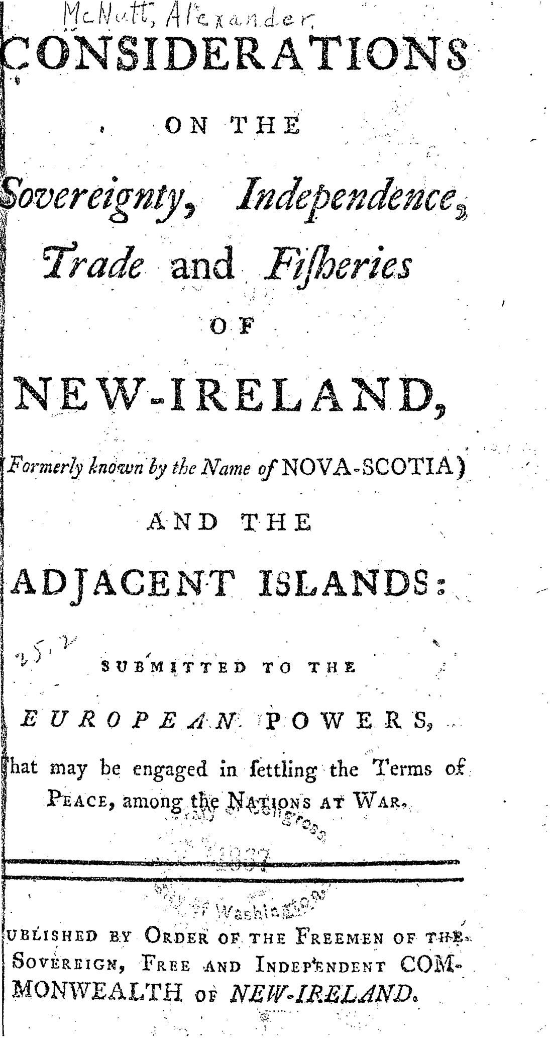 The title page from McNutt&rsquo;s Considerations on the Sovereignty, Independence, Trade and Fisheries of New Ireland