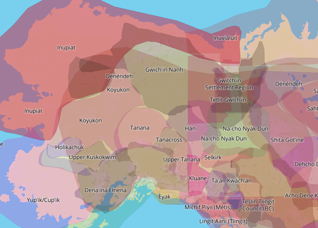 This Native Land Map shows Indigenous territories and languages across the world. In this image, you can see the traditional Hän lands in the center, encompassing the Yukon territory across the border of Alaska and Canada.