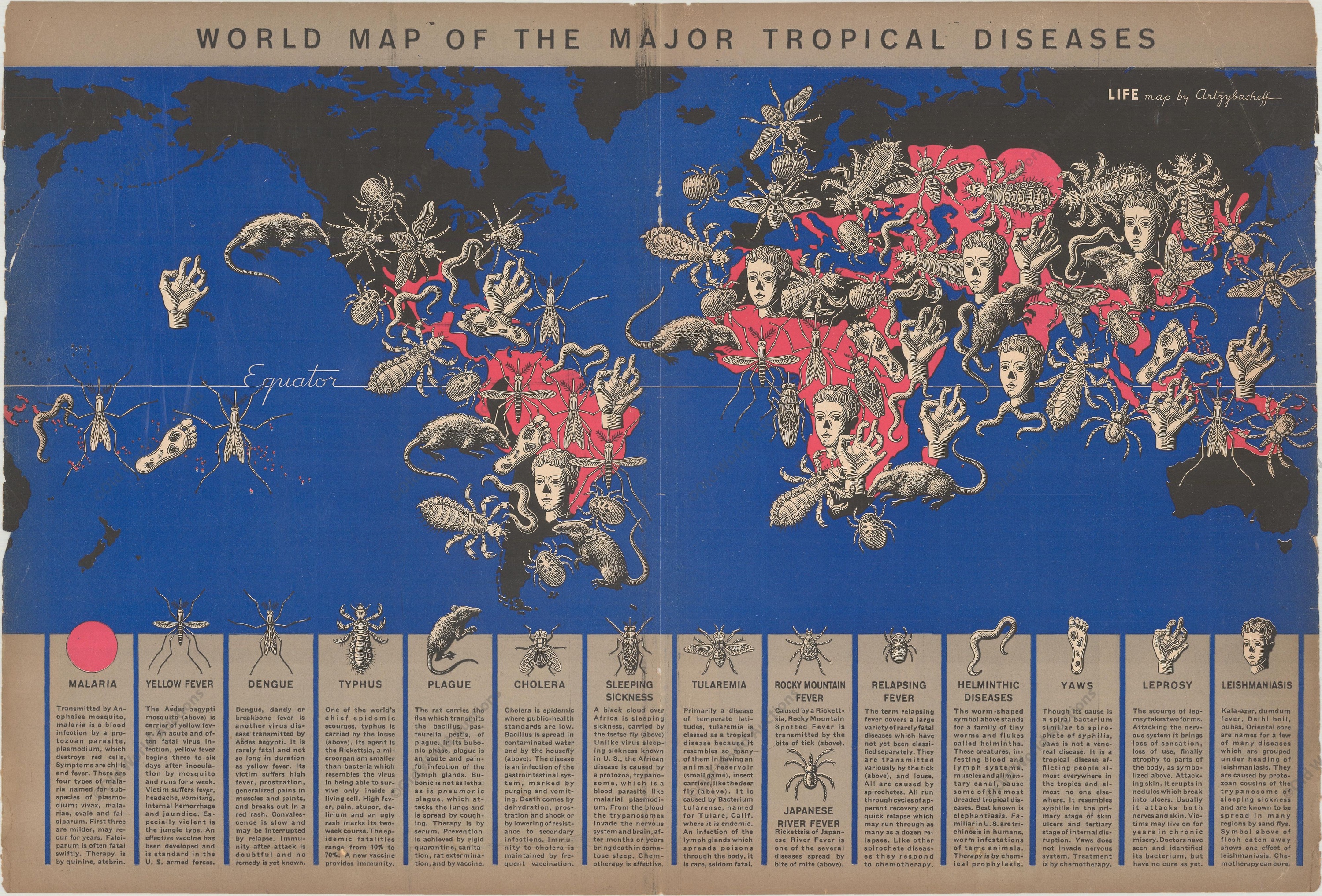 Boris Artzybasheff&rsquo;s eclectic illustrations show tropical diseases in this 1944 map.