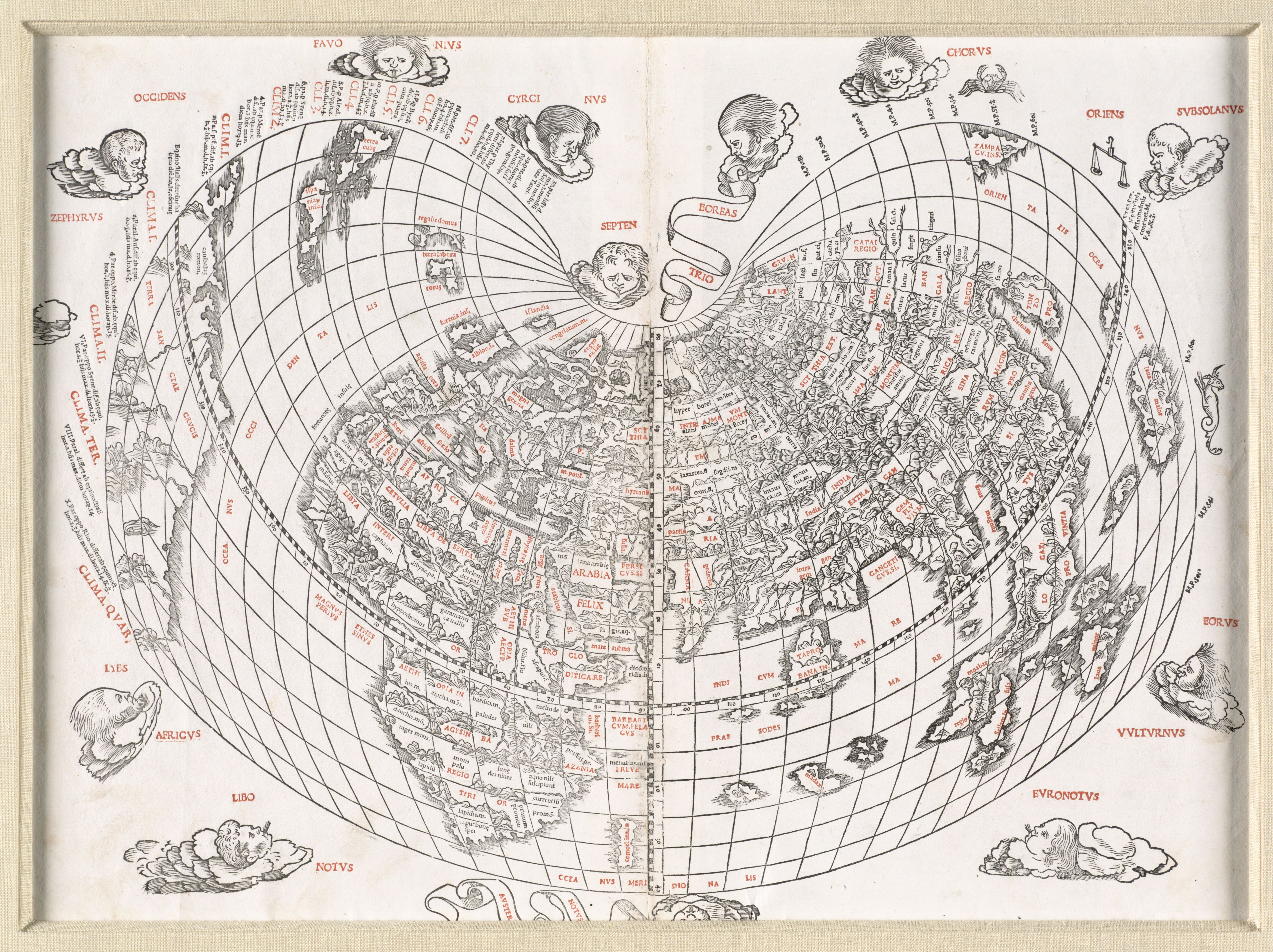 This 1511 map of the world forms a similar armadillo shape, but is actually a cordiform projection as it closely mirrors the shape of a heart.