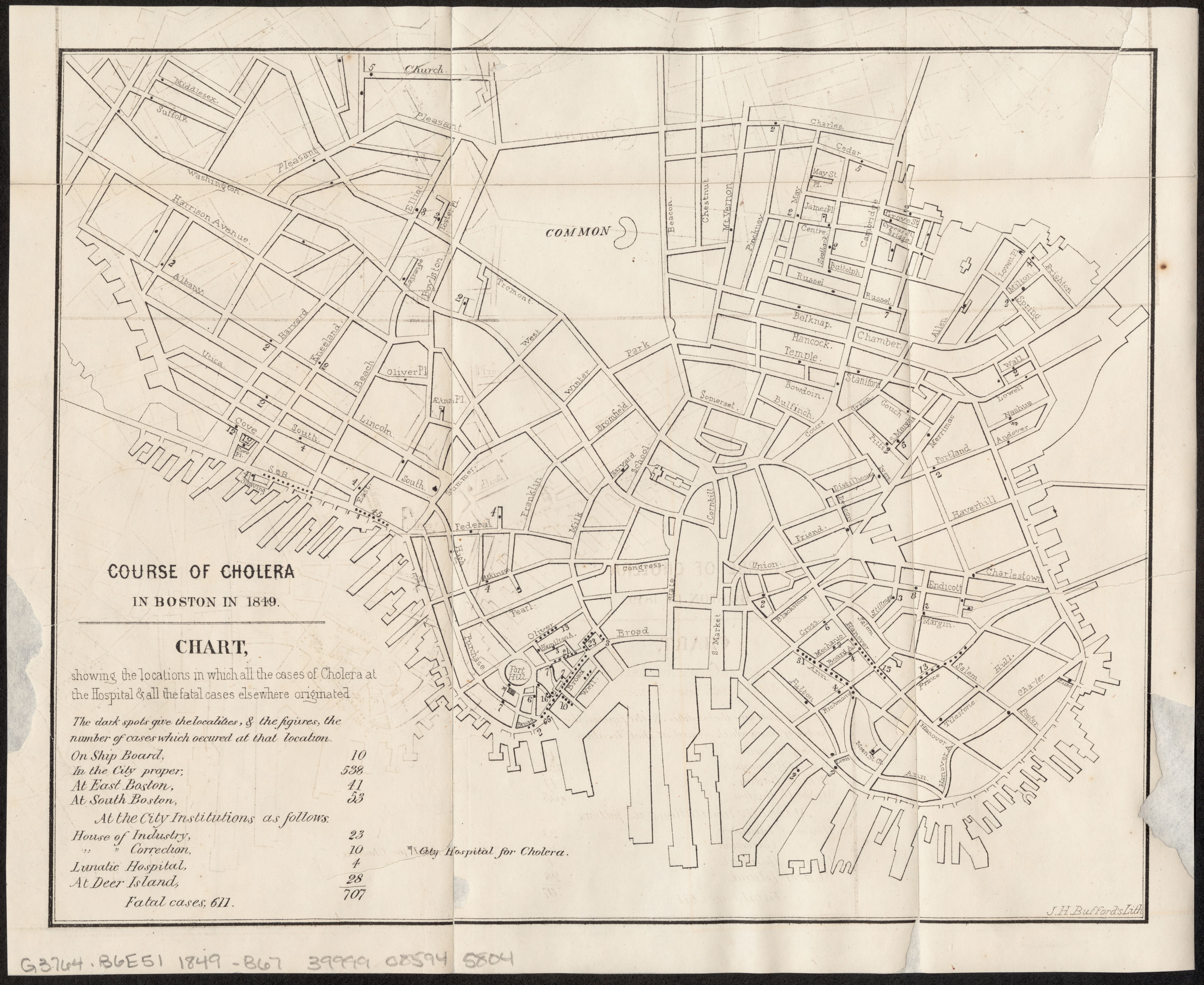 The Committee on Internal Health published this map to track the origins of cholera cases treated at the Cholera Hospital in Boston’s Fort Hill neighborhood in 1849. Notice the difference in aesthetic styles.