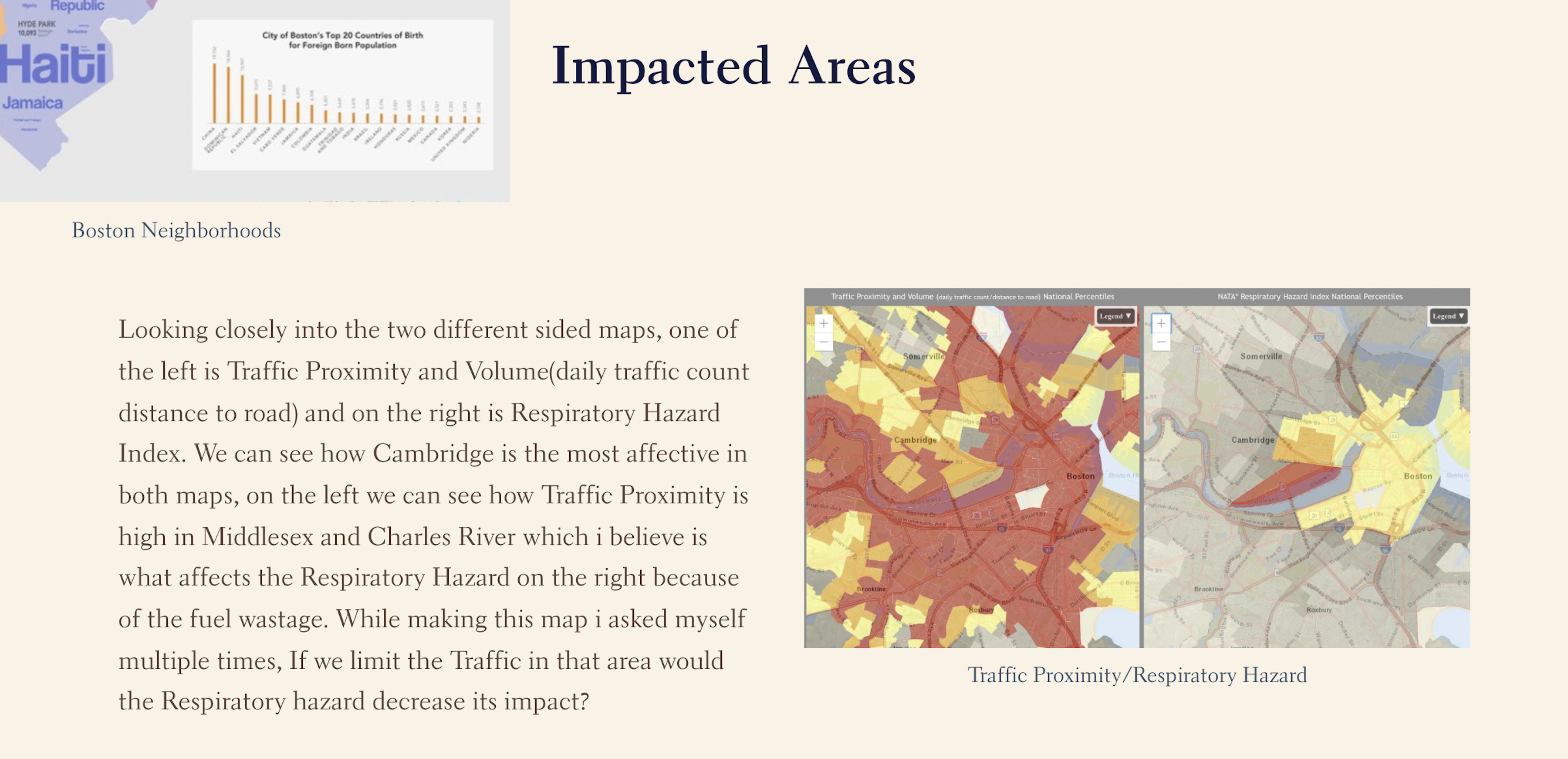 Snapshot of a student&rsquo;s final Storymap exploring the relationship between Traffic Proximity and Respiratory Hazard.