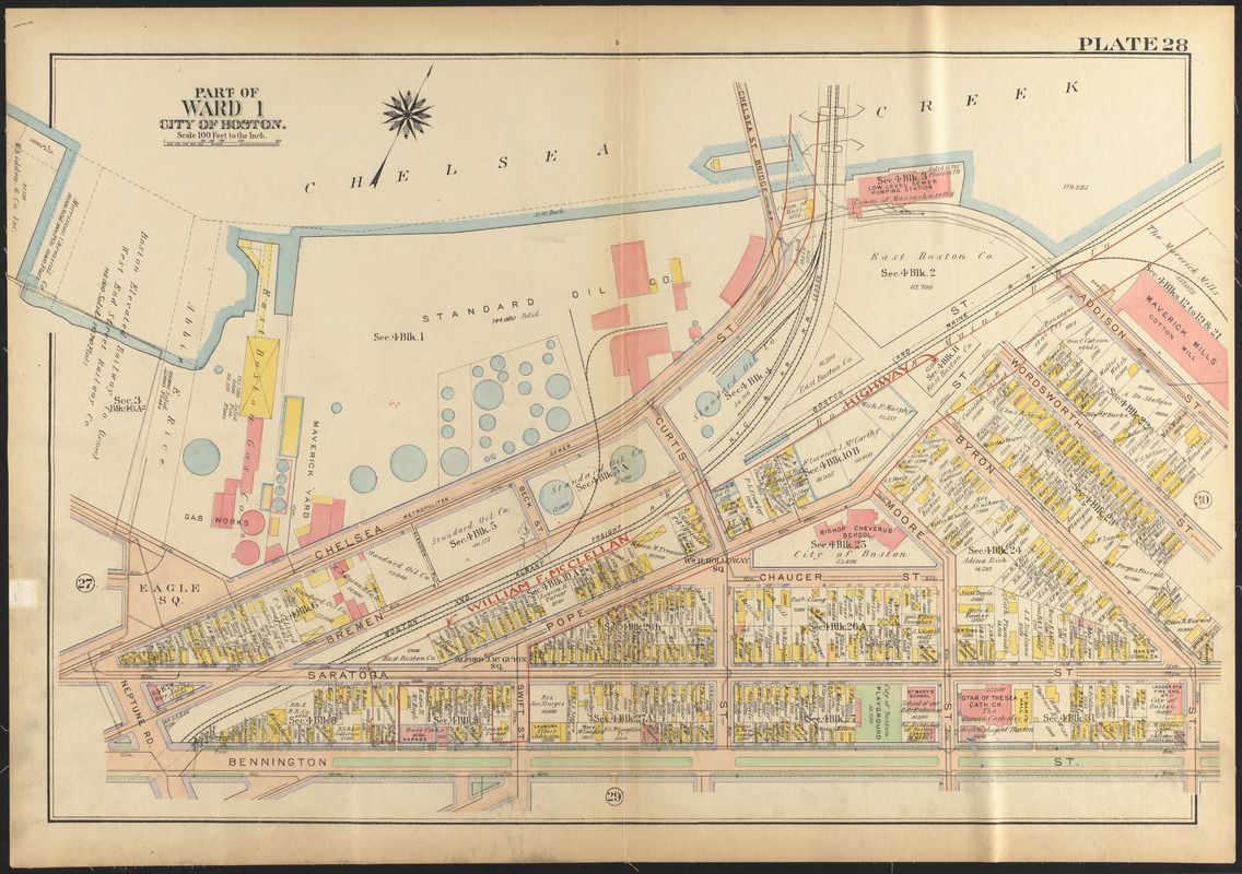 This 1922 fire insurance atlas shows the East Boston side of Chelsea Creek, with the Standard Oil Company&rsquo;s circular tanks prominently displayed in the center