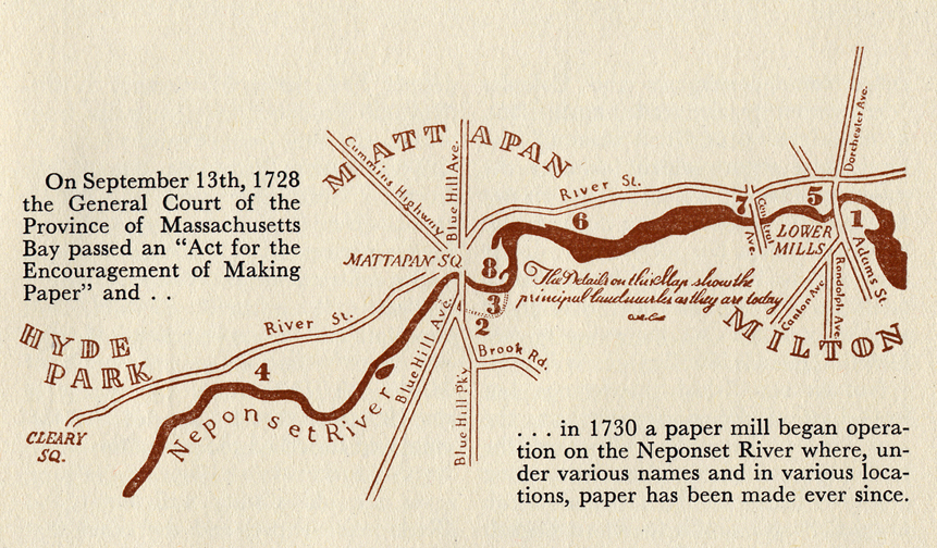 This map from Howard Wallingford&rsquo;s Papermaking on the Neponset cites the 1728 Act for the Encouragement of Making Paper.