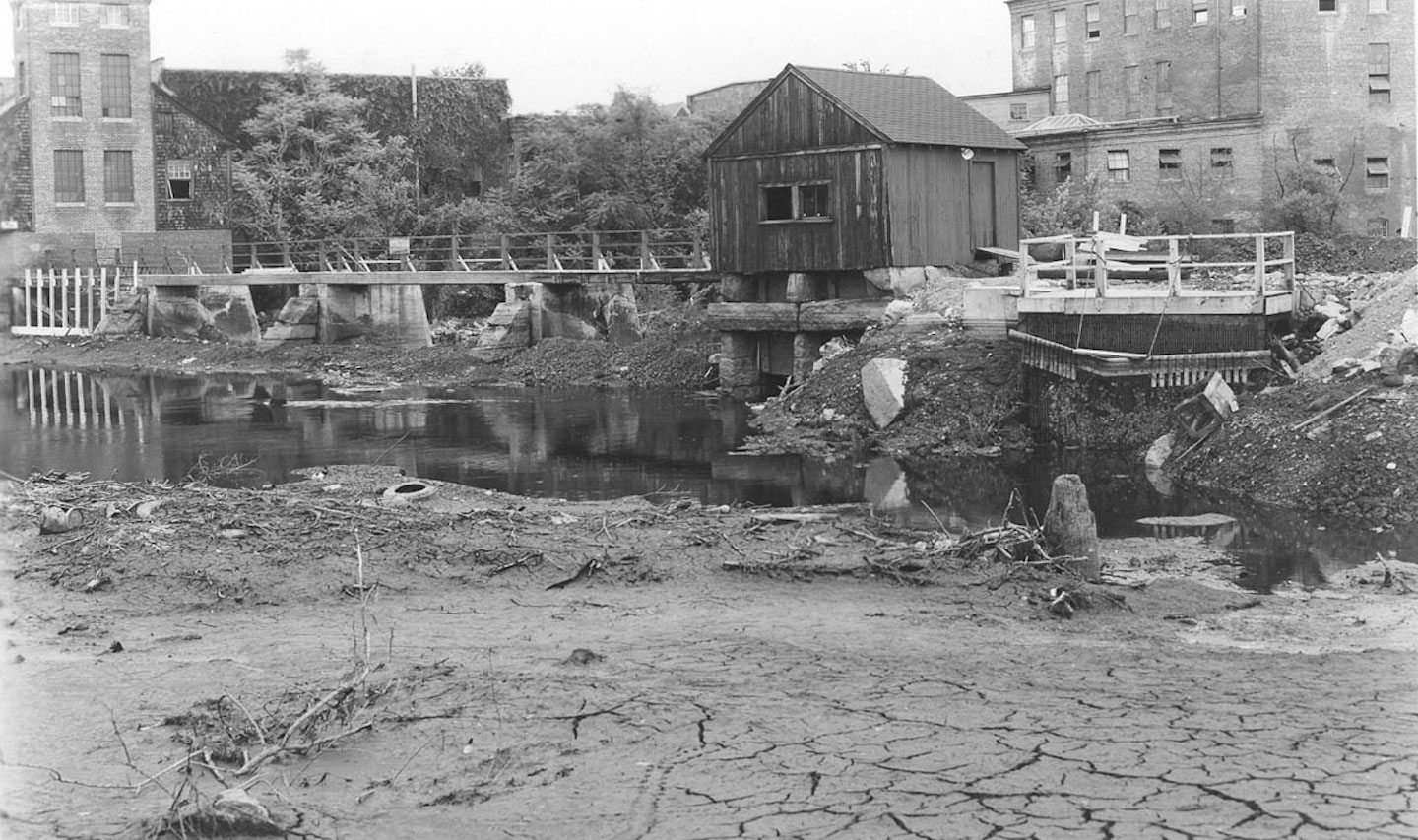 This 1956 photograph documents the original Tileston &amp; Hollingsworth Dam after Hurricane Diane in August of 1955.