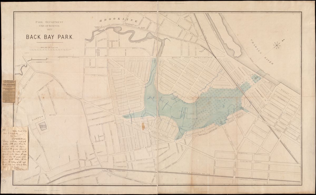 Back Bay Fens, shown on this map, is now a parkland and urban wild. It includes formal and community gardens, ball fields, memorials and historic structures.