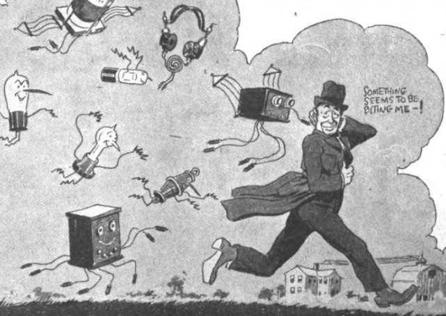 A man (presumably the author of the article) being bitten by the radio bug, even as he runs away from it. From _The Country Gentlemen _in 1922.