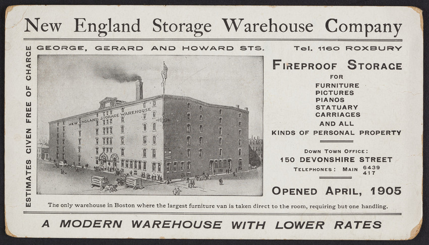 Warehouses are not new to the city; This postcard from 1905 advertises the New England Storage Warehouse Company in Roxbury.
