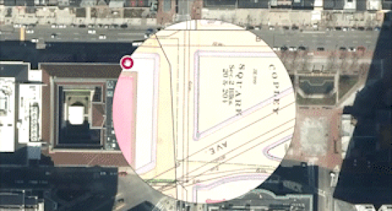 The overlay of a 1902 Bromley Atlas on top of present day Boston in Atlascope. We can see how more than 100 years ago the Central Library shared the city block with Harvard Medical while the area which is now the Prudential Center was a sprawling railyard. Note the Lenox Hotel in both the satellite view and the 1902 atlas.