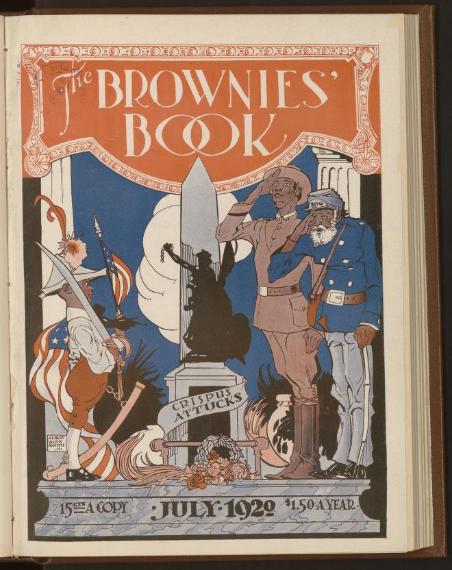 A 1920 cover from the Brownies' Books featuring the Crispus Attucks monument in the Boston Common, from the Library of Congress.