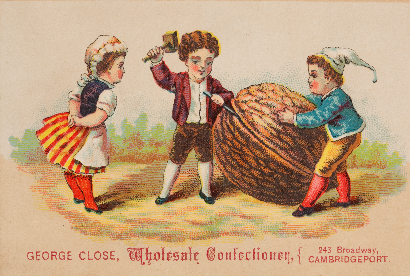 These cherubic children work together to get at this walnut on a trade card for Close. This design was not unique: at least one other late 19th century confectioner used the same image on his advertising cards.