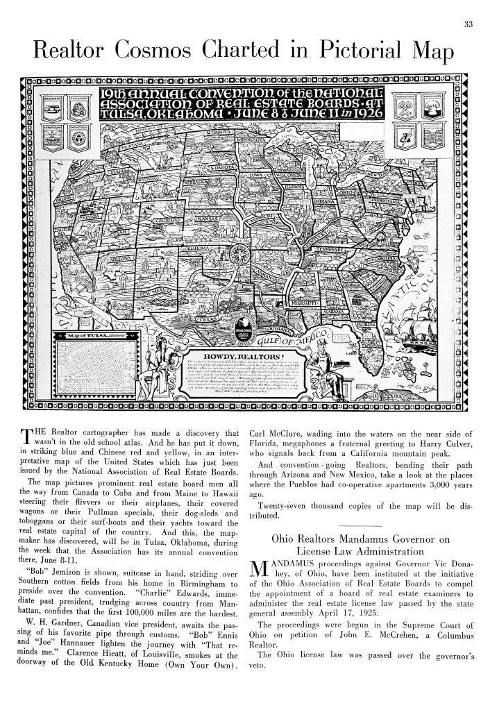 The 1926 NREJ contains a reprint of the NAREB map, with text encouraging Realtors to come to Tulsa. Courtesy of the National Association of Realtors' archives.