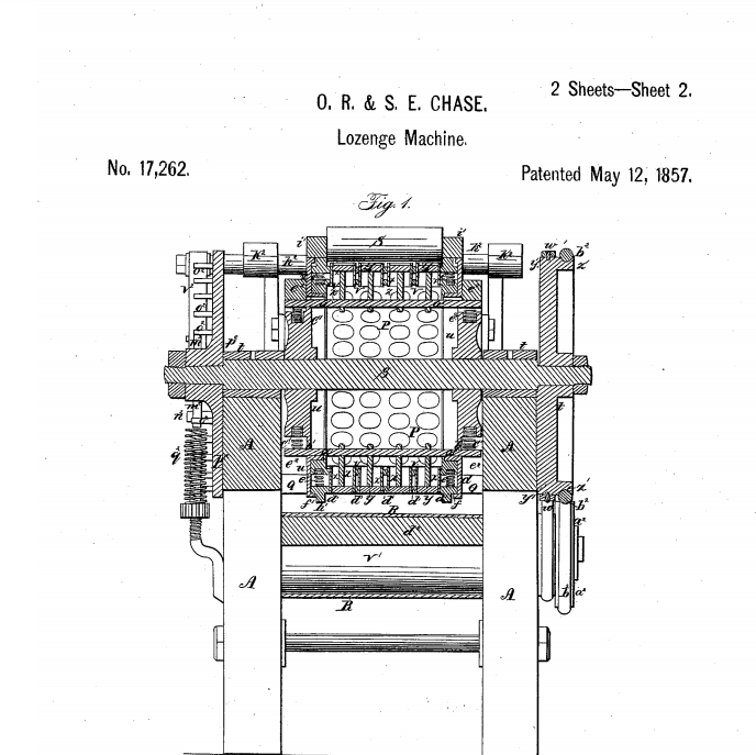 This diagram is from the May 12, 1857 patent by the Chase brothers for their Improvements in Machinery for Making Lozenges. This came a decade after their original machine.